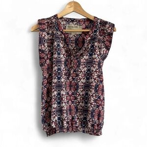 Chic Geometric Print Blouse - Navy and Burgundy
